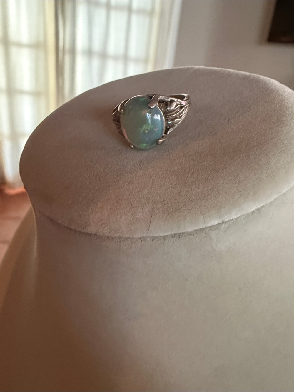 Sterling Silver Opal Cabochon Ring - Blue-Green Opal stamped